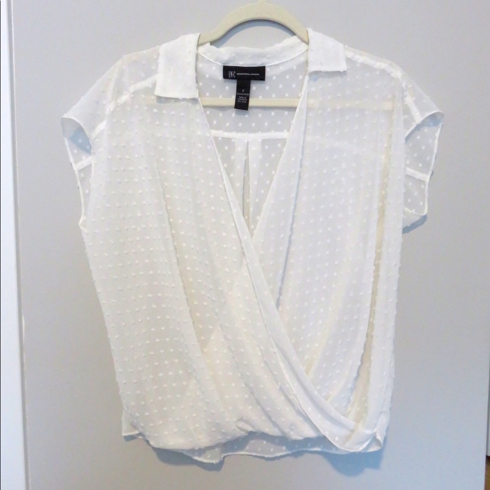 I.N.C. White Sheer Embossed Dot Collared Wrap Top